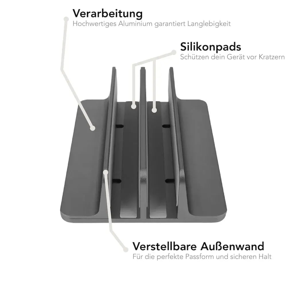 AIRSTAND DUO mit stufenlos einstellbaren Halterungen und rutschfestem Silikonboden, der das Verrutschen verhindert. Ideal für eine flexible Anpassung an verschiedene Endgeräte und sicheren Halt auf allen Oberflächen. Text: „Stufenlos – Einstellbar für jedes Endgerät“ und „Rutschfest – Silikonboden verhindert Verrutschen“.