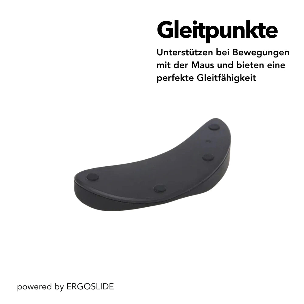 ERGOSLIDE Handgelenkauflage mit Gleitpunkten auf der Unterseite. Diese unterstützen Bewegungen mit der Maus und sorgen für optimale Gleitfähigkeit. Text: „Gleitpunkte – Unterstützen bei Bewegungen mit der Maus und bieten eine perfekte Gleitfähigkeit“ und „powered by ERGOSLIDE“.