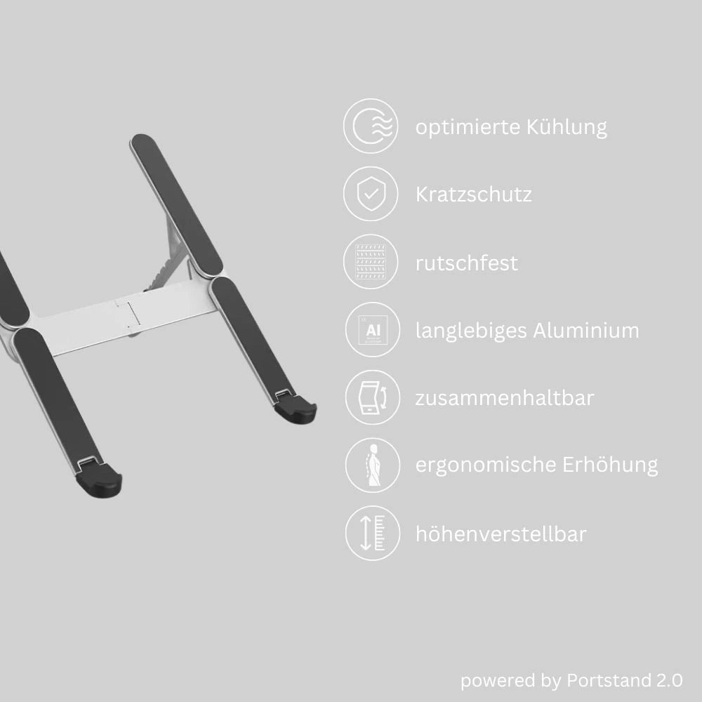 Laptop-Ständer aus Aluminium mit optimierter Kühlung, Kratzschutz, rutschfestem Design, höhenverstellbar, zusammenklappbar und ergonomischer Erhöhung, dargestellt mit Symbolen auf grauem Hintergrund.